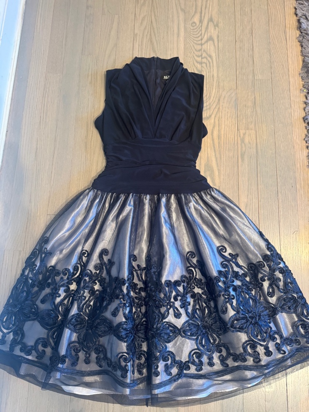 Navy Blue Fit-and-Flare Dress w Embroidered Metallic Skirt size 4